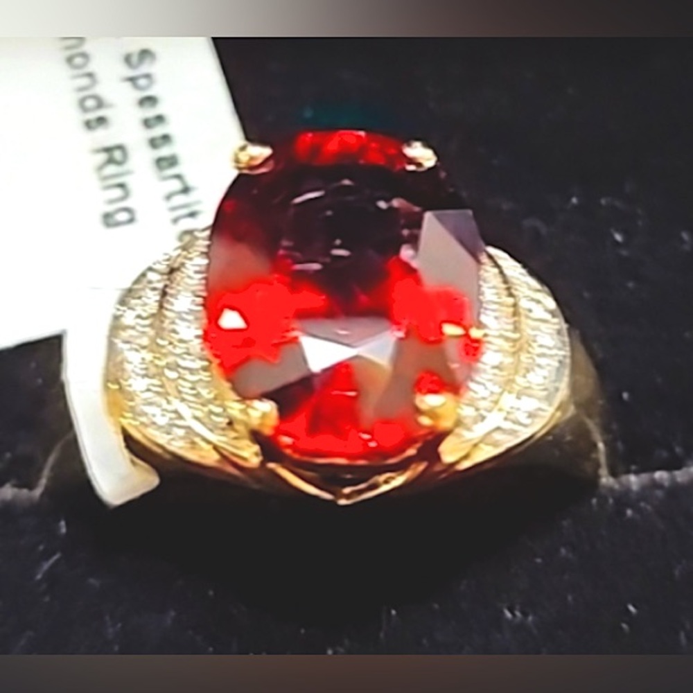 Rare 9.2ct Red Orange Spessartine & Diamond 14K Yellow Gold Ring High VS Quality